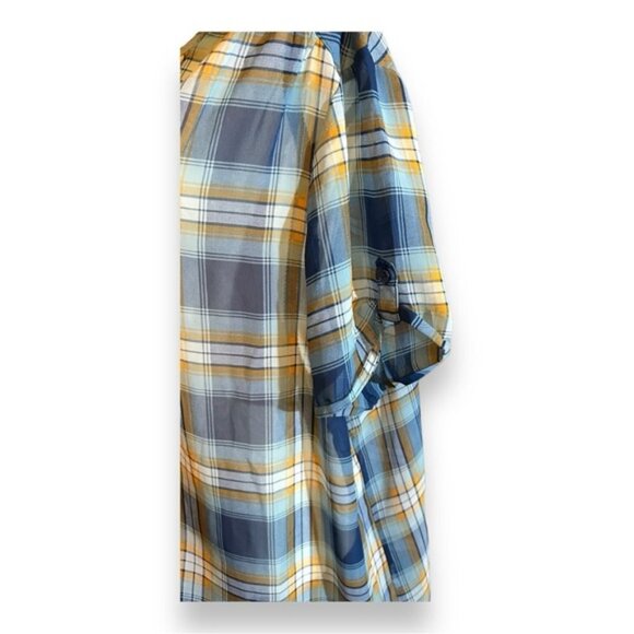 Women’s 2X Blue and Orange Plaid Georgette V Neck Short Sleeve Top 18 20 XXL - Picture 3 of 8